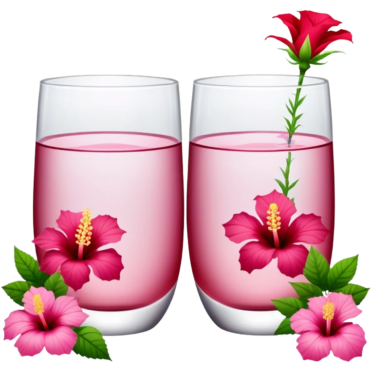 Elegant crystal drinking glasses surrounded with roses and hibiscus flowers emoji