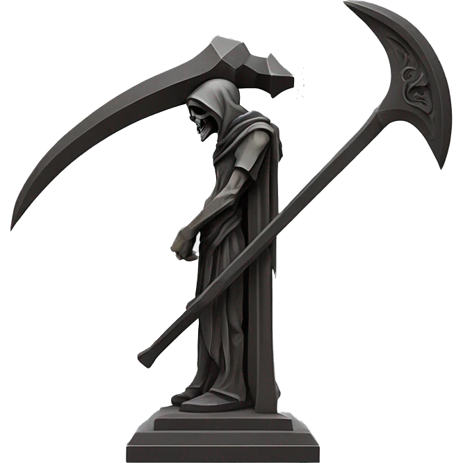Stone sculpture Reaper scythe with a geometric, faceted design. The scythe is standing upright on a base with angular and baroque features. The vibrant midtone subtlety of dark neutrals highlights the sharp edges and planes.  emoji