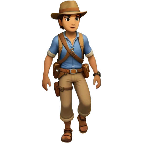 an adventure game, inspired by Uncharted-2. The design features a rugged explorer navigating through ancient ruins, with treasure and obstacles in the background. A dynamic environment with jungle, cliffs, and puzzles highlights the thrill of discovery and action. Transparent background. emoji