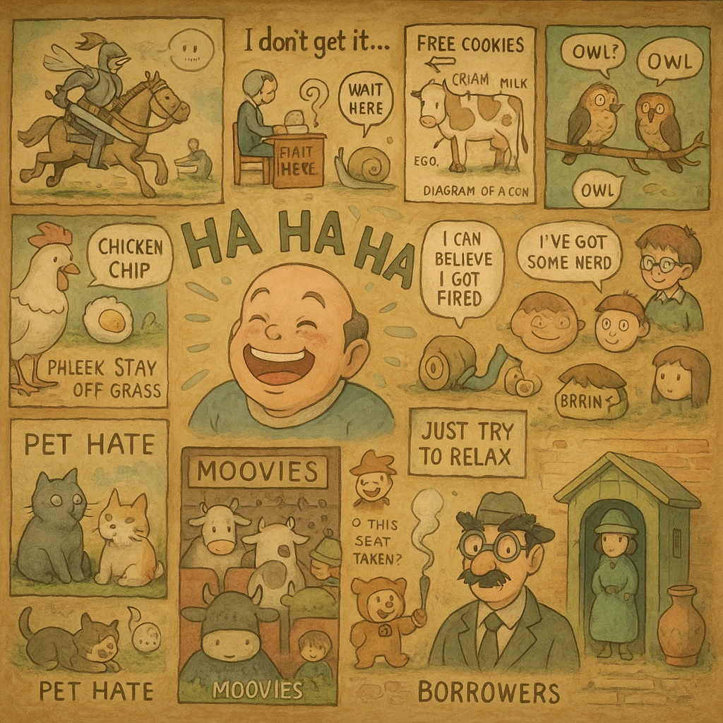 ghibli style wall of jokes, a detailed and whimsical wall covered with various humorous illustrations and jokes in ghibli style emoji
