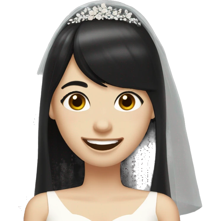bride with very pale skin dark brown straight very short hair black dress and bangs laughing with veil emoji