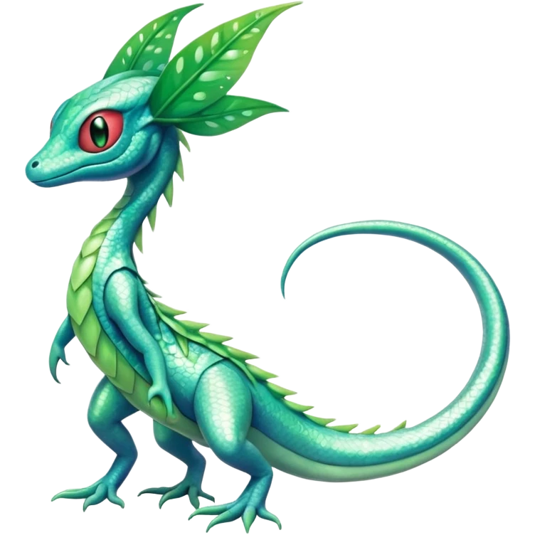 Sparkly White And Green Natural Flowery Colorful Grovyle-Salandit-Celebi-Fakémon-hybrid-creature (full body)  emoji