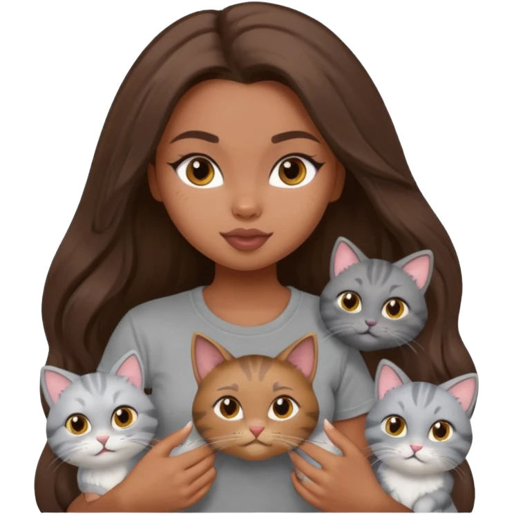 a pretty bratz dusky girl with long brown hair with six cats nd wearing a grey tshirt emoji