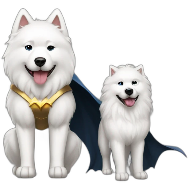 Samoyed with Batman and Wonder Woman emoji