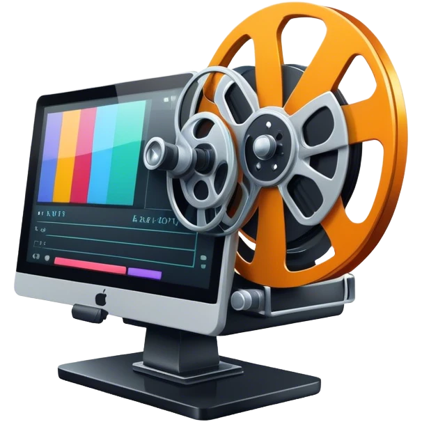 Create a vibrant and modern icon representing Animation and Motion Design, featuring elements like a film reel, a computer screen, dynamic motion lines, and a cinematographic film strip on an editing table. The design should be colorful, and dynamic, without any emojis. The background's transparent. emoji