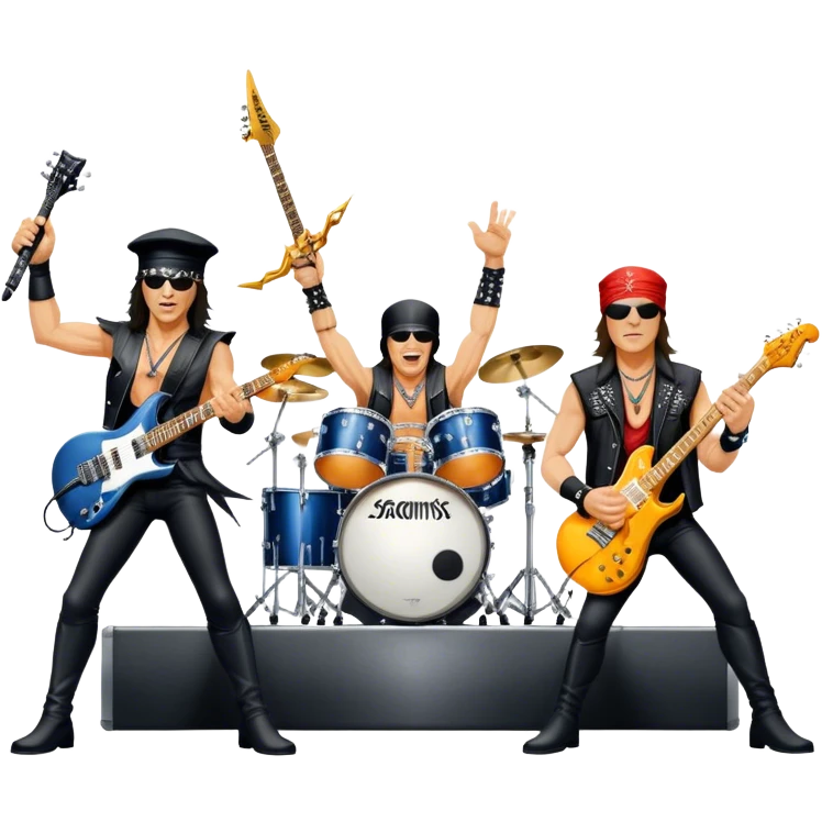 Icon for Rock Music: Scorpions live concert on stage with electric guitars, drums, and a powerful spotlight. Klaus Meine at the microphone, Rudolf Schenker and Matthias Jabs playing guitars, dynamic stage presence, and electric energy. Transparent background. emoji