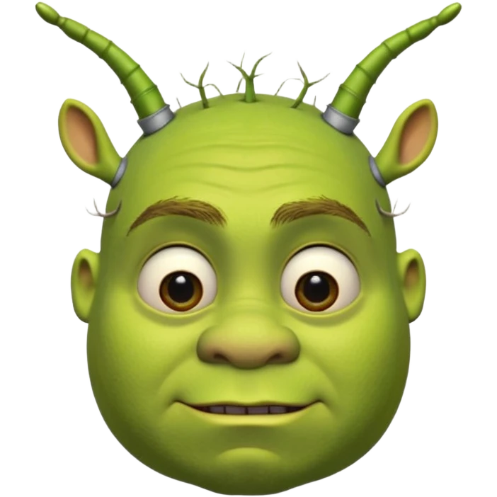 Shrek avec deux petites antennes-oreilles cylindriques plantées de chaque côté de la tête : elles sont courtes, épaisses, avec une ouverture ronde à l’extrémité.
 emoji