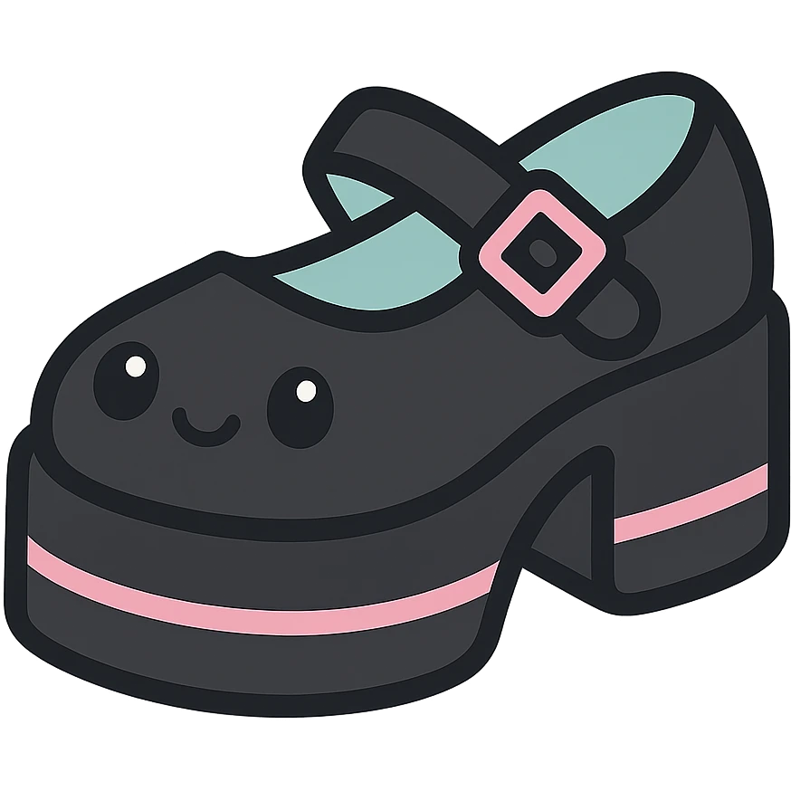 Make the shoes primarily black with pink and pastel accents, kawaii style, no socks, no hearts, transparent background emoji
