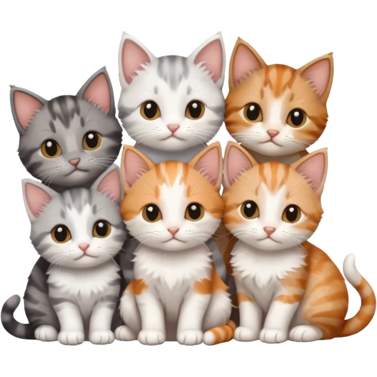 6 tiny kittens cuddling together all various different natural colours including grey and white, ginger and white, calico, grey, and brown tabby and white emoji