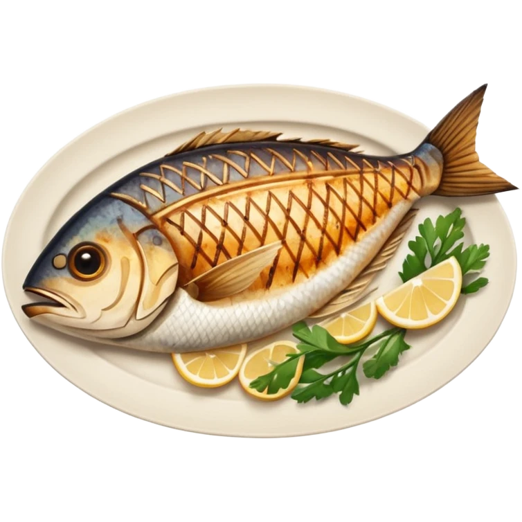 create a Whole good brownish Grilled Fish Camera angle: slightly elevated top-down view with a gentle bird’s-eye perspective (about 15–20°), identical perspective and scaled do not add anything on plate

 emoji