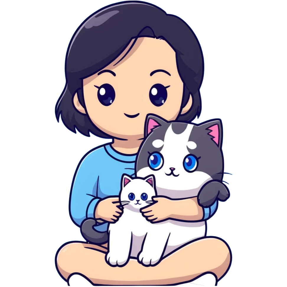 Cute Asian girl with black hair cradling a fluffy ragdoll cat with blue eyes emoji