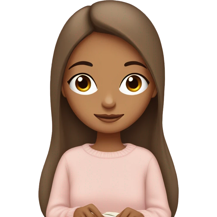 Pretty brown eyed tan girl with light pink sweater reading cozy emoji