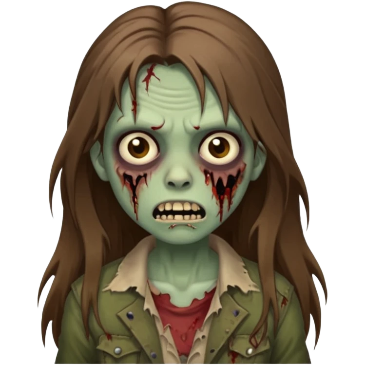 Girl zombie with brown long hair with teeth and serious face emoji
