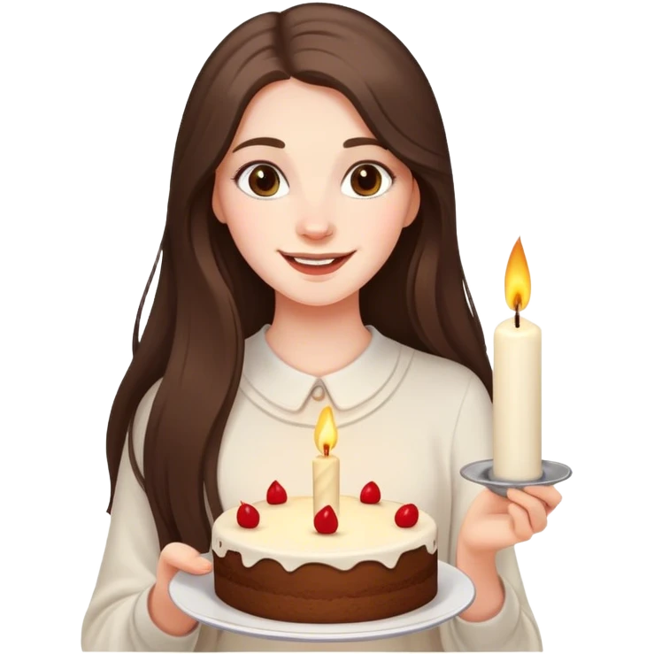 happy beautiful pale brunette girl with long hair holding a piece of cake with candle emoji