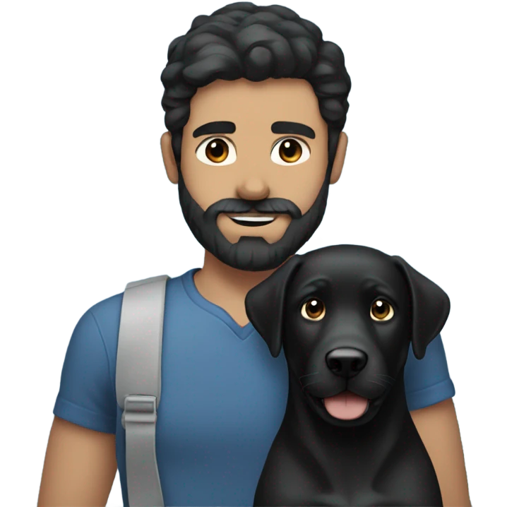 beard man black hair blue eyes face holding black Labrador  emoji