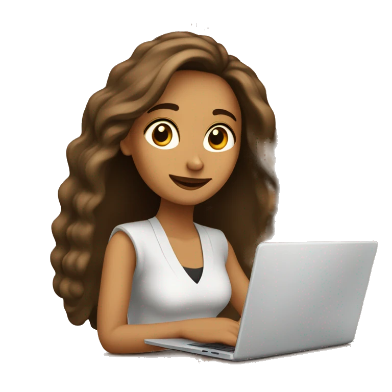 mujer con pelo cafe largo con lapto emoji