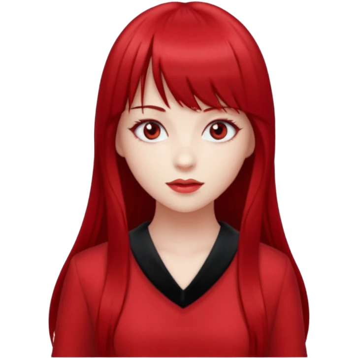 beautiful girl with red velvet long hair and straight bangs, red eyes and red clothes emoji