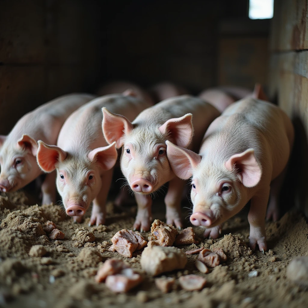 group of pigs in a pigsty, some eating feces and others leftovers, realistic atmosphere, farming details, 4K quality emoji