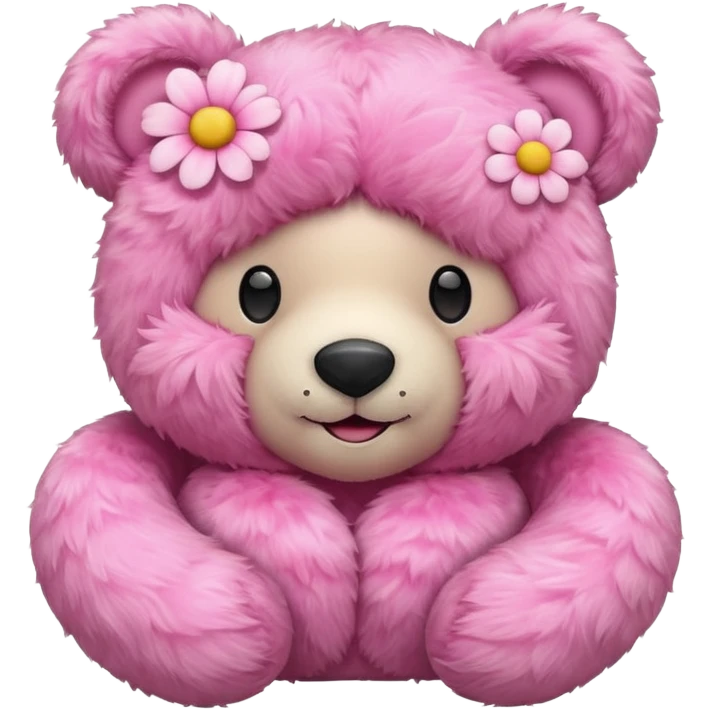 pink teddy bear with a flower-patterned neck pillow, friendly expression emoji
