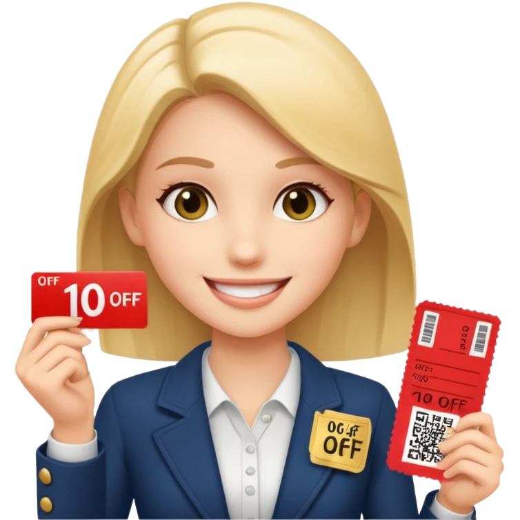 make a elegant girl with a ticket in her hand that says 10 precent off, emoji