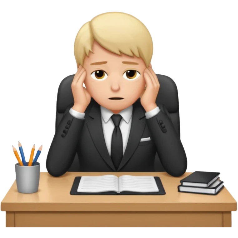 Professional person experiencing burnout, exhausted and overwhelmed, tired eyes, slumped posture, sitting at a desk, iOS emoji style emoji