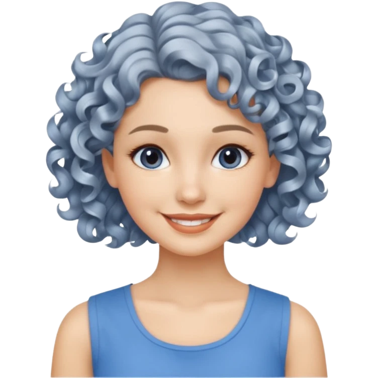 silver, short, wavy-haired with curls, smiling pretty lady, blue top,

 emoji