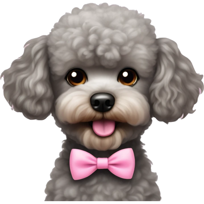Fuzzy teddy bear face grey toy poodle big eyes pink tongue and bow tie emoji