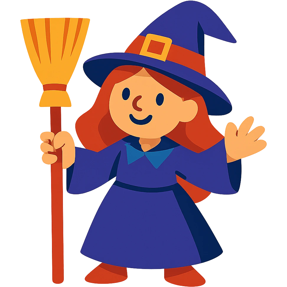 friendly witch with classic witch hat and broom, colorful, cartoon style emoji