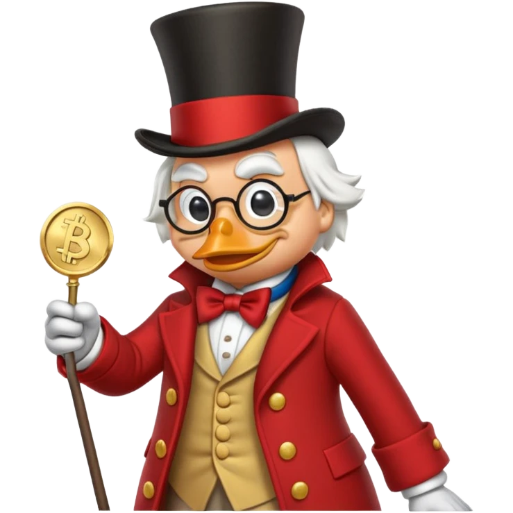 A detailed emoji of Scrooge McDuck, the iconic Disney character, wearing his signature top hat, round glasses, and red coat. He has a stern yet comical expression, holding a large gold coin in one hand and a cane in the other. The background is a sub emoji