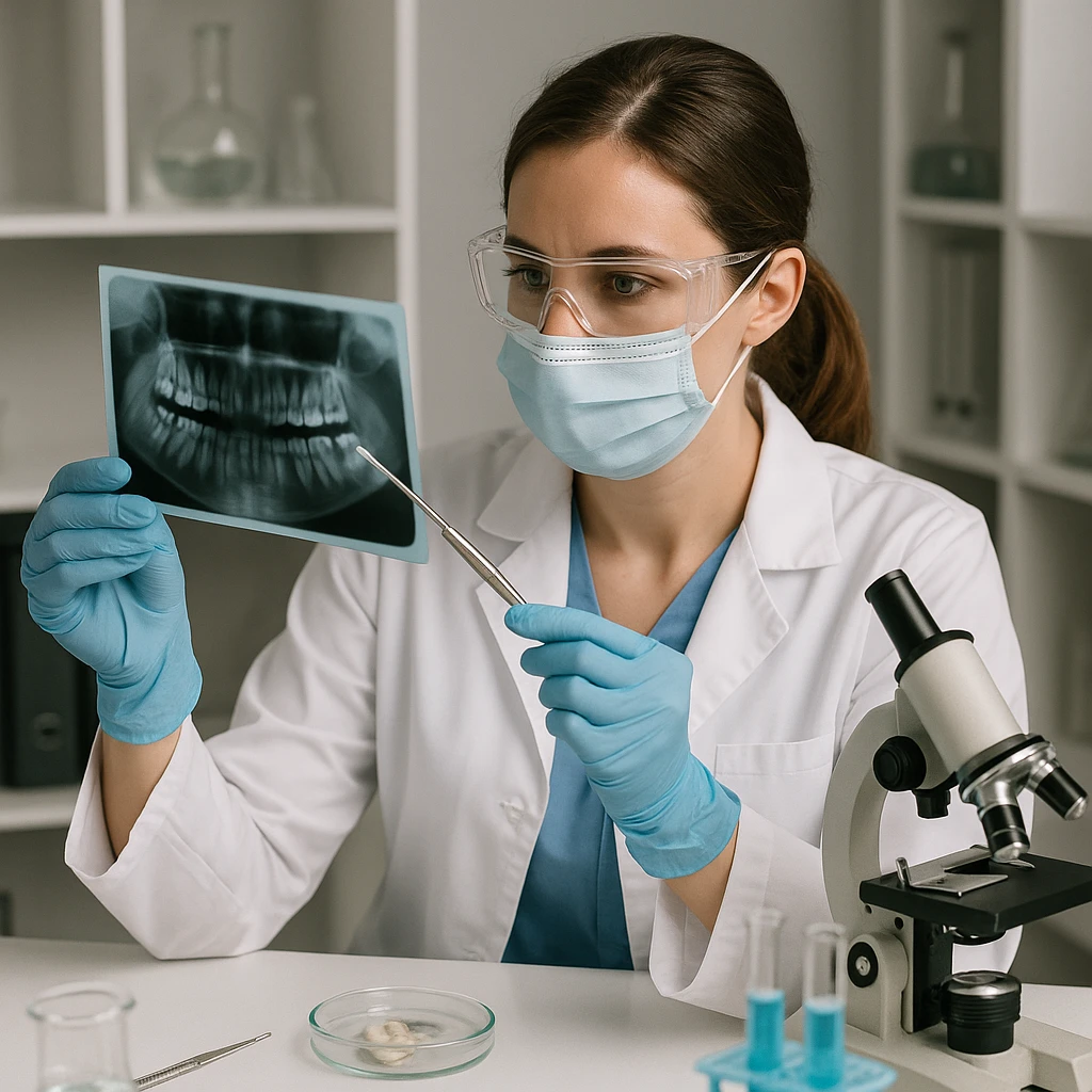 dental hygienist as a researcher, examining dental x-rays or samples, with research tools emoji
