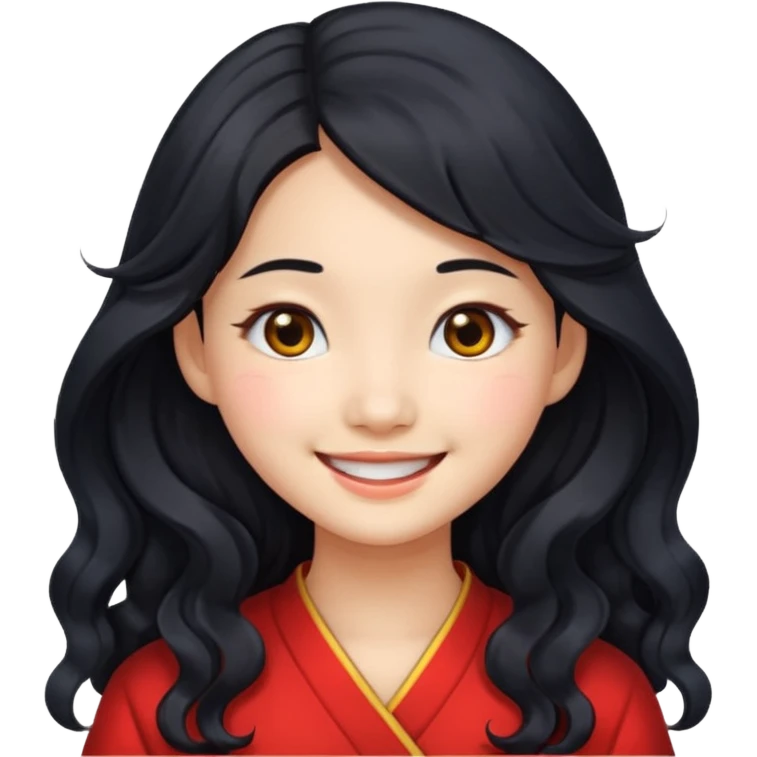 smiling Chinese girl, long wavy black hair, black eyes, emoji style emoji