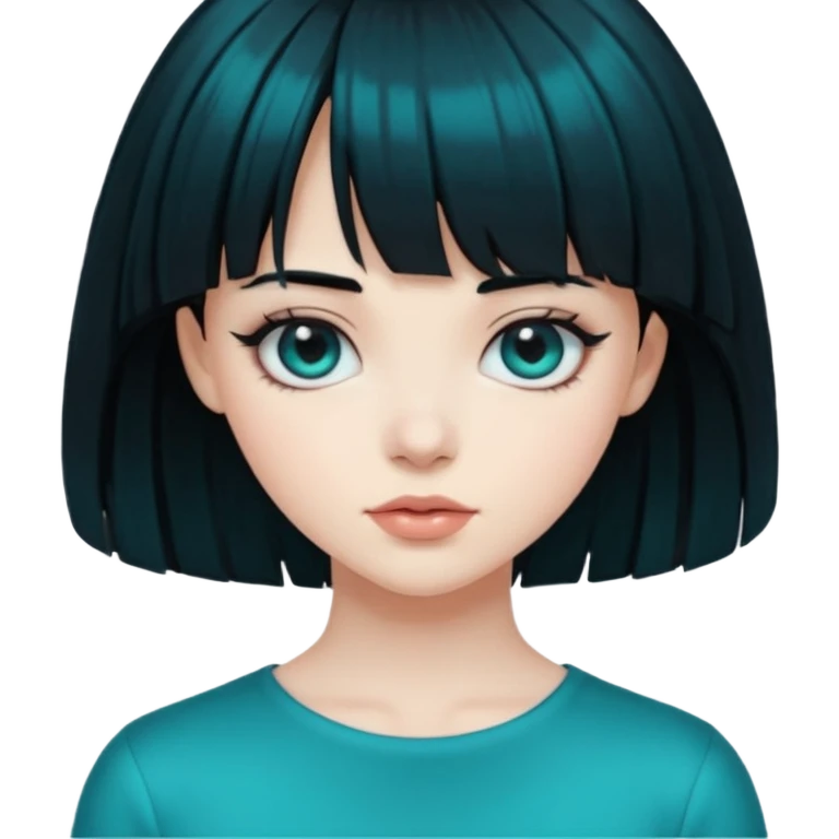 girl with black hair and the hair transforming into black hair with bangs that are half teal emoji