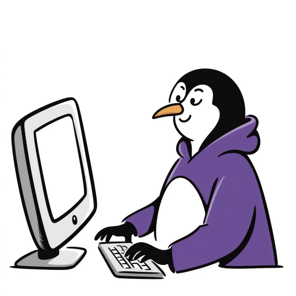 A hand-drawn penguin wearing a purple hoodie typing enthusiastically on a computer keyboard emoji