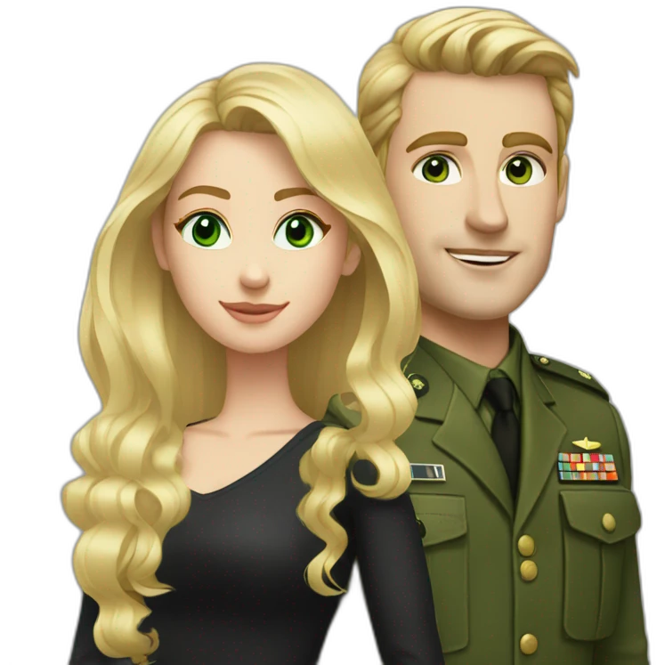 army blond white guy and blond long hair girl with green eyes in black dress emoji