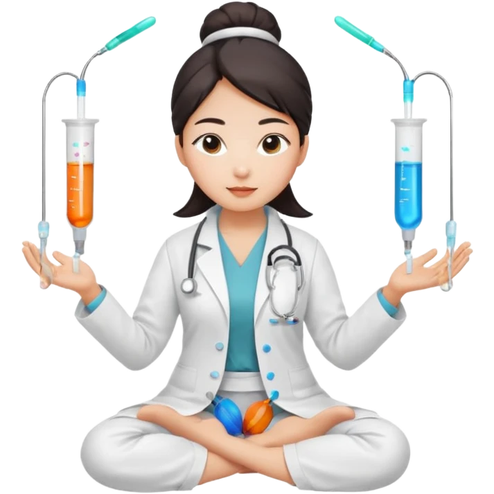 emoji of an asian woman with a single bun in a white lab coat sitting cross legged with micropipettes levitating in an arc around her head emoji