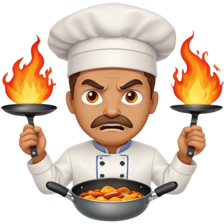 angry chef with flames in eyes, confidently crossing two frying pans across chest emoji