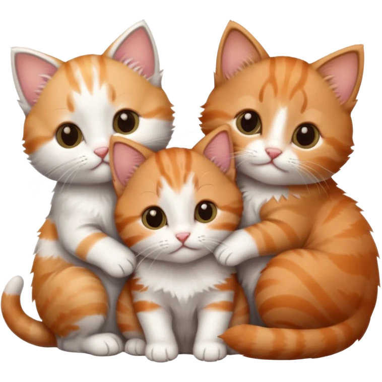 3 tiny kittens cuddling together all different colours, the first one is grey and white, the second is ginger and white and the third is brown tabby and white emoji
