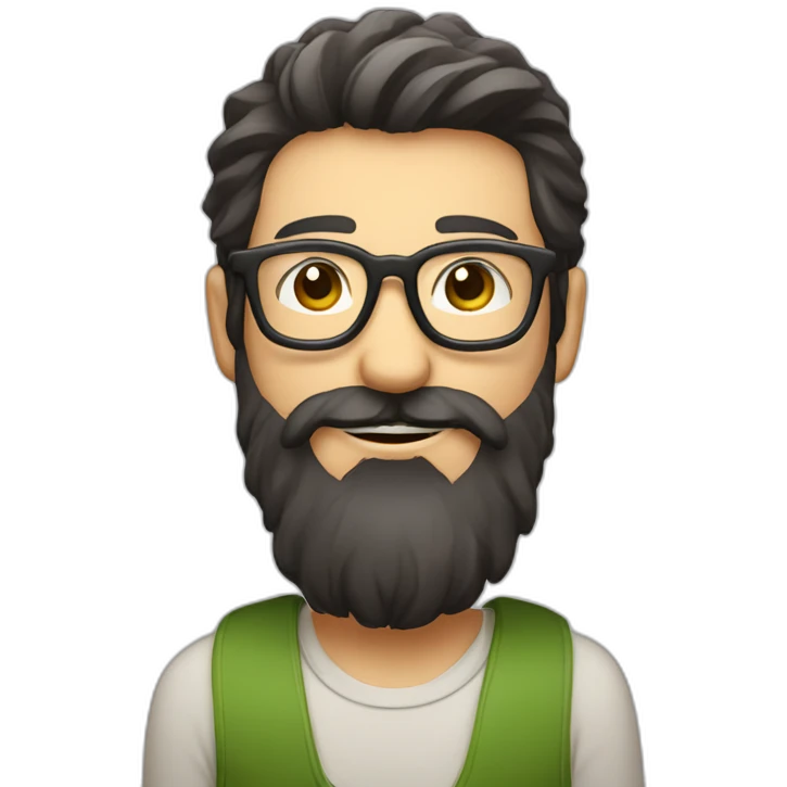 happy gardener face long dark beard and short dark hair with little round glasses emoji