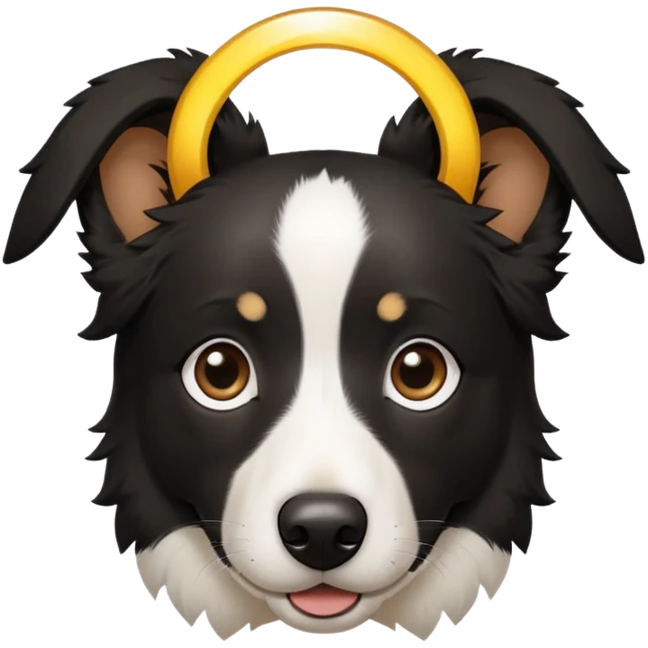Black border collie with short hair - white dots over his eyebrows - with a halo over his head emoji