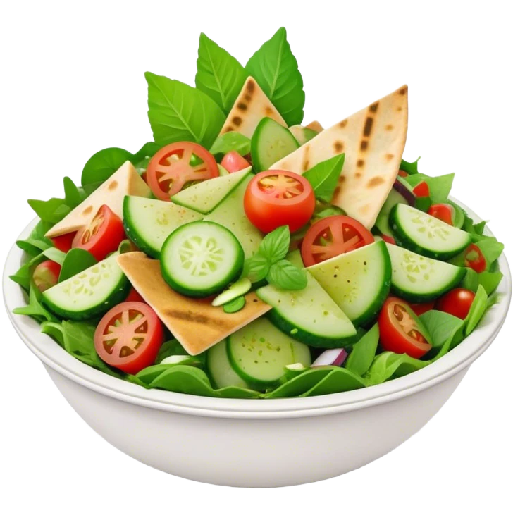 Cinematic Realistic Fattoush Salad Dish Emoji, depicted as a colorful medley of greens, tomatoes, cucumbers, and crispy pita rendered with vibrant textures and refreshing lighting. emoji