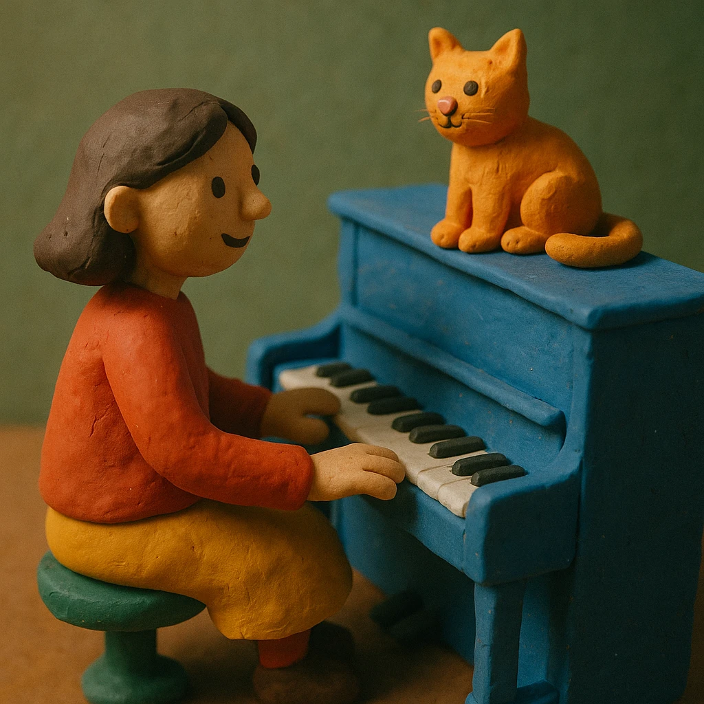 woman playing piano while her cat sits on top of the piano emoji