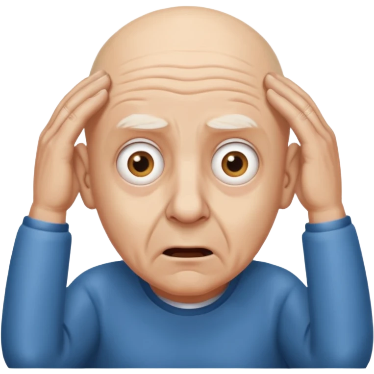 A bald person who’s very old is staring, he’s inside a toilet and his head is upright and looking at the camera with very wide eyes and his hands are putting pressure on his head, very scared expression and he’s twerking emoji