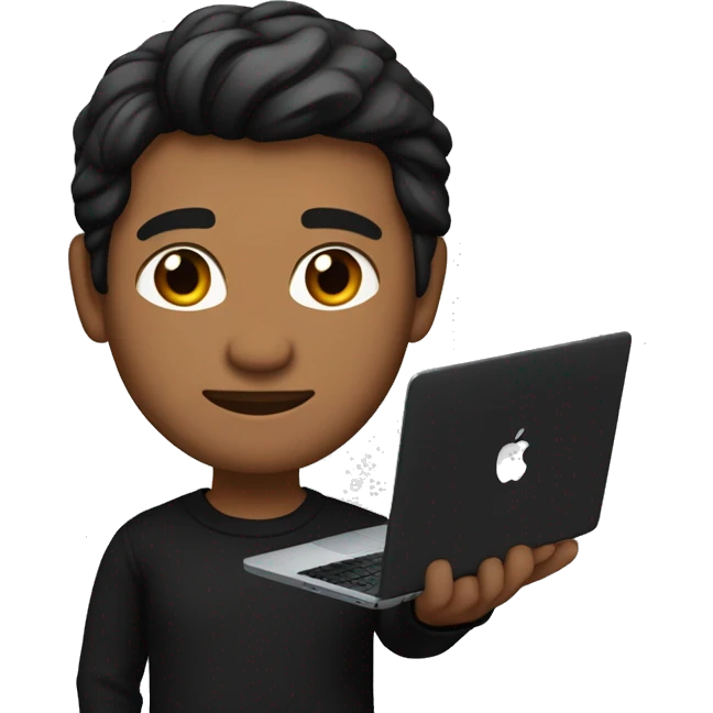     memoji of a man with a laptop in front, apple-style,modern,dark hair,black sweater,computer in hand, srilankan brown skin, an avatar image gonna be round  emoji