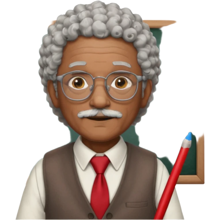 old man teacher, brown skin, curly grey white hai, wearing glasses, brown vest, red tie hold chalk on hand emoji