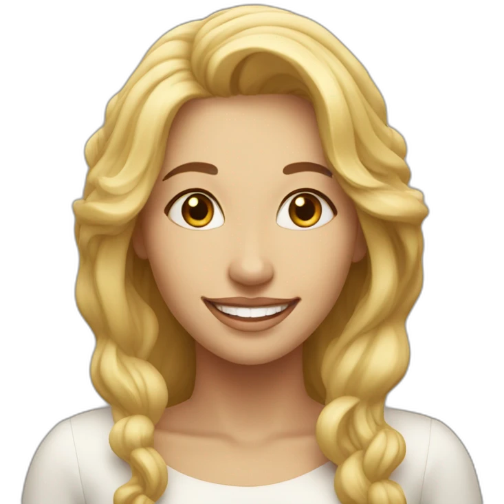 a beautiful woman, in the representation of the One who loves God, has a big smile, stares at the camera in front of her, her hair is blond and long emoji