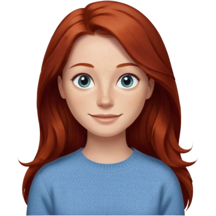 woman with long dark auburn red hair that is mostly straight but has slight waves to it. grey blue eyes. some freckles. wearing a Swedish style sweater that is neutral. smiling.  emoji