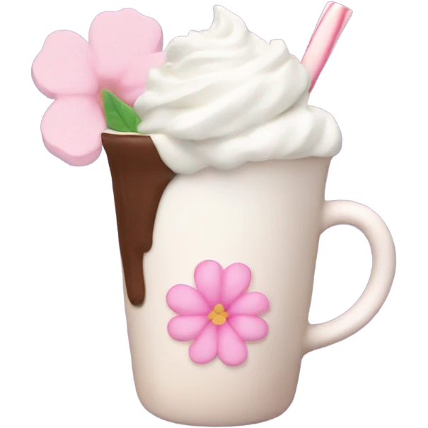 Hot chocolate with pale pink flower and whipped cream emoji