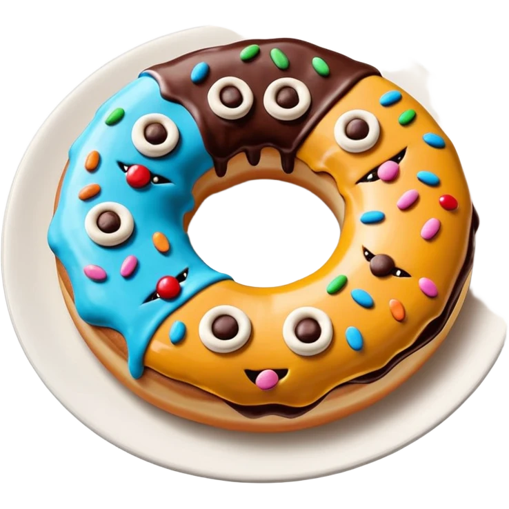 Monster donut with chocolate icing, there are drawn cookies and beautiful icing drawings on a white plate good quality emoji