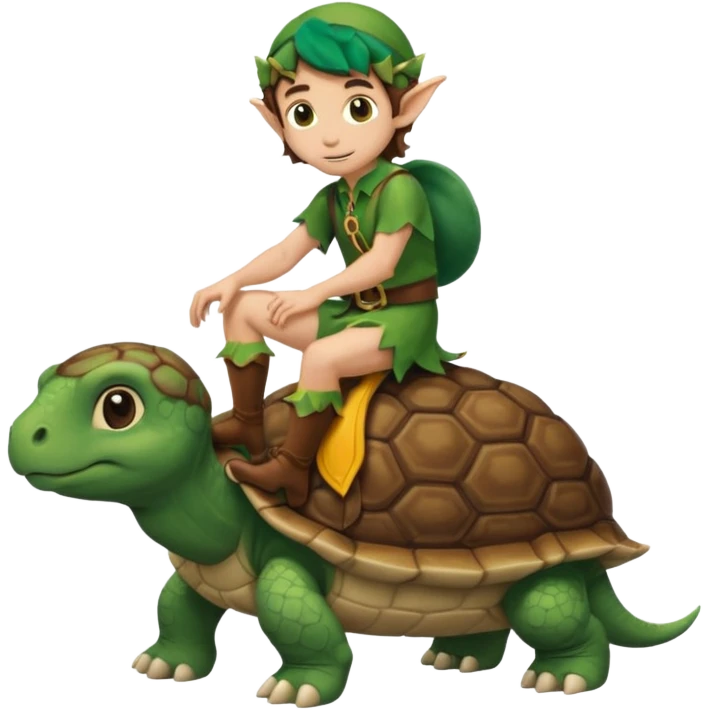 tiny forest elf man brown wavy hair riding a turtoise emoji