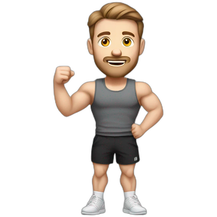 Full height realistic Actively gesturing with hands Pale skinned Fit Man With the biceps and brown hair in dark gray Sleeveless Mike, black oversize sports shorts, watch and white Sneakers emoji